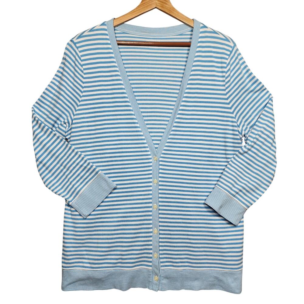 Lands End Nautical Blue White Striped Long Cardigan Size XL